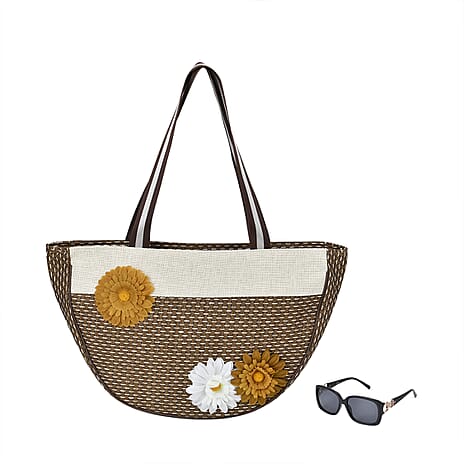 Flower Pattern Tote Bag with Sunglasses - Brown