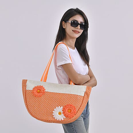 Flower Pattern Tote Bag with Sunglasses - Orange