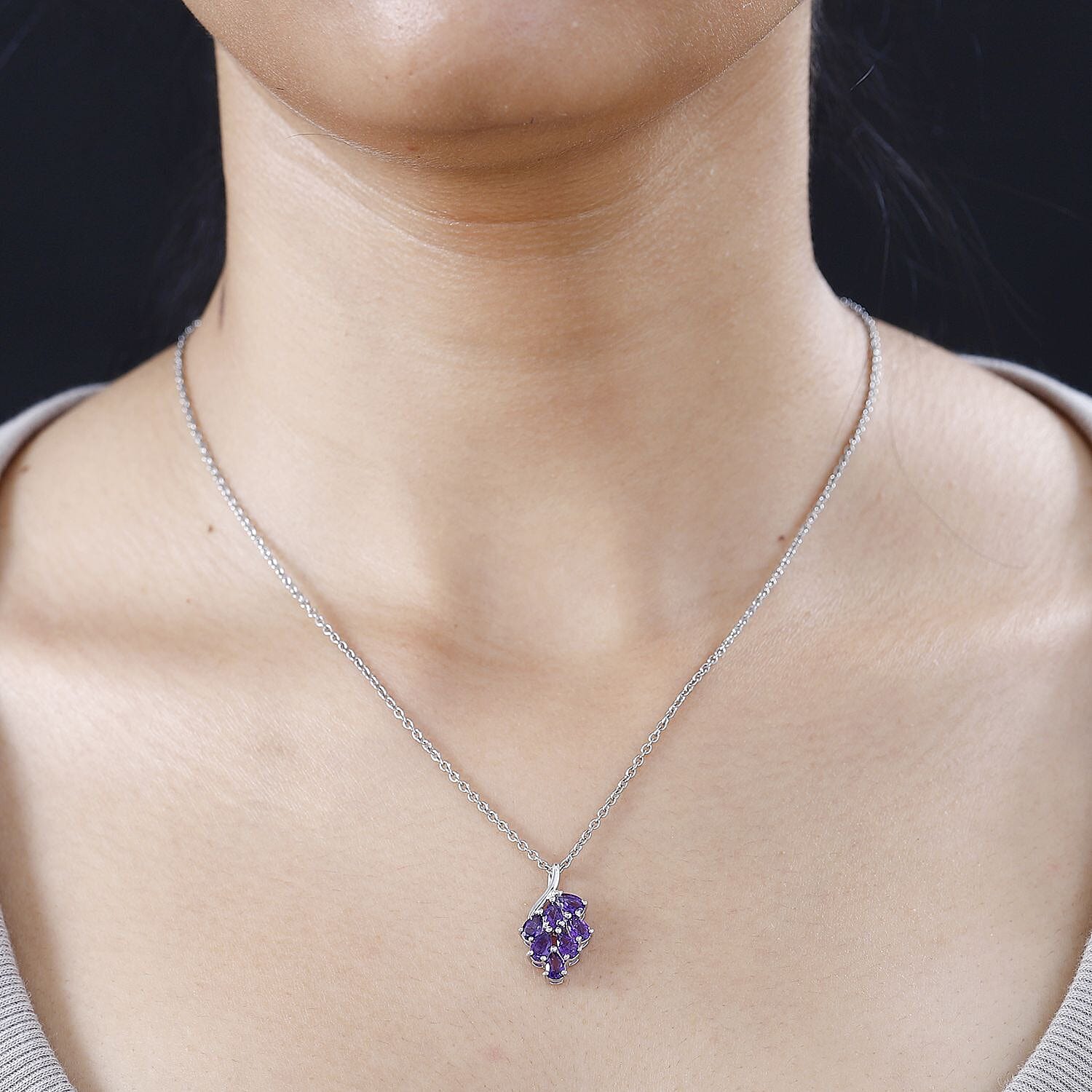 Amethyst Cluster Pendant with Chain (Size 20) in Platinum Overlay Sterling Silver 1.26 Ct.