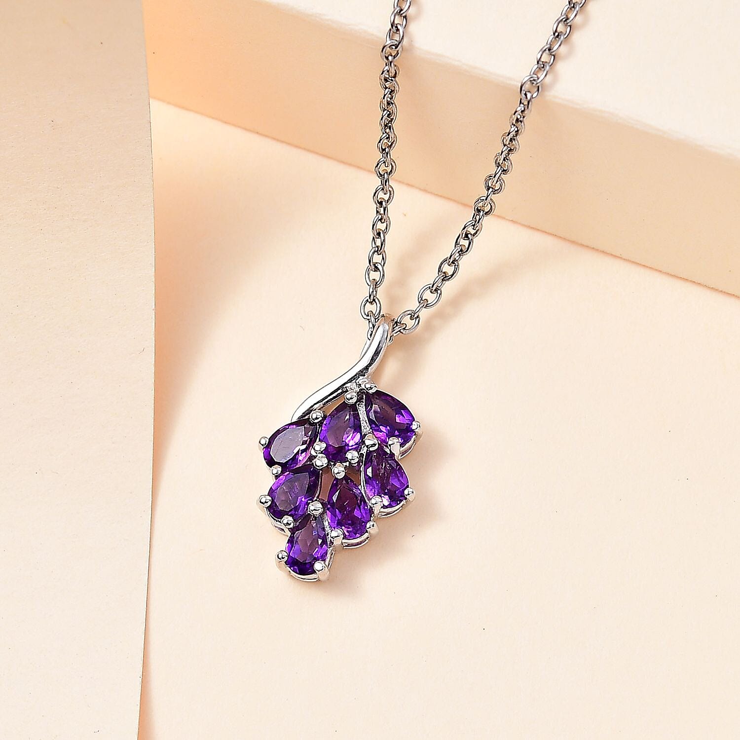 Amethyst Cluster Pendant with Chain (Size 20) in Platinum Overlay Sterling Silver 1.26 Ct.
