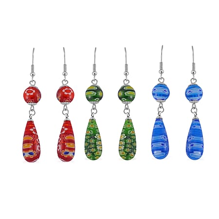 Set of 3 - Blue Green Red Colour Murano Style Earring Pure White Stainless Steel 0.030 Ct.