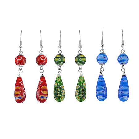 Set of 3 -  Blue Color Murano Glass Earring Pure White Stainless Steel  0.030  Ct.