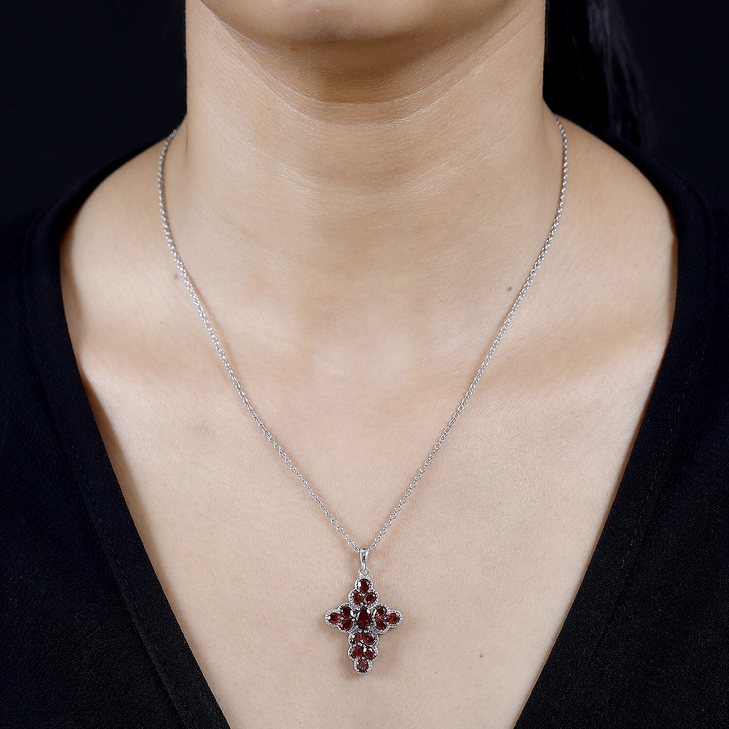  Red Garnet Cross Pendant with Chain (Size 20) in Platinum Overlay Sterling Silver 3.49 Ct, Silver Wt. 5.72 Gms