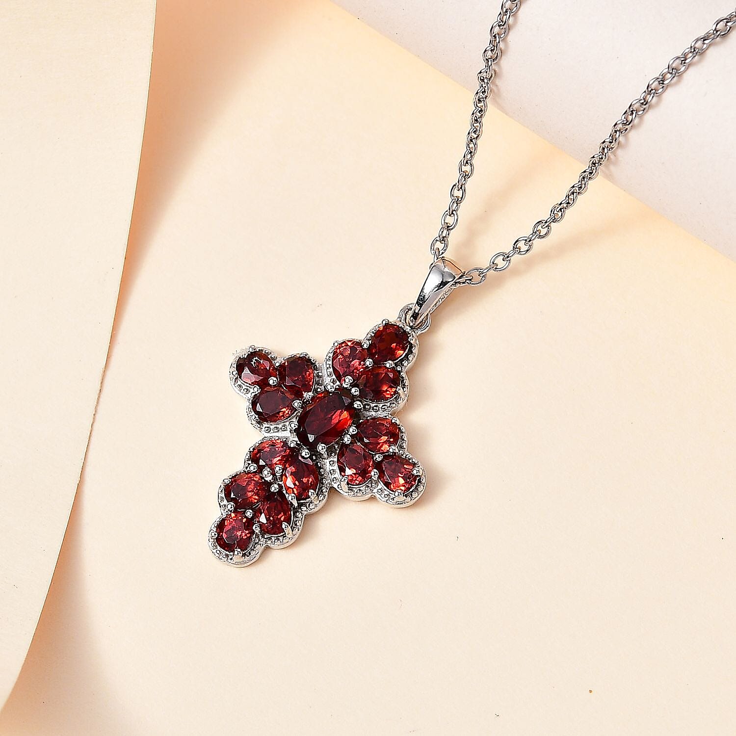  Red Garnet Cross Pendant with Chain (Size 20) in Platinum Overlay Sterling Silver 3.49 Ct, Silver Wt. 5.72 Gms