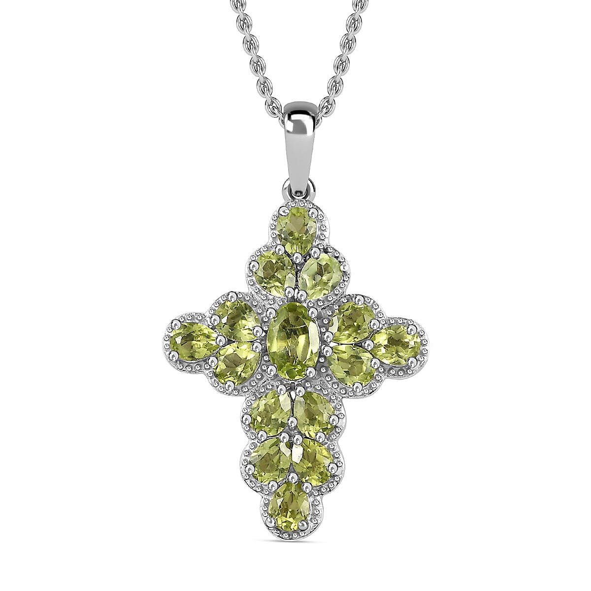 Hebei Peridot Platinum Overlay Sterling Silver Cluster Pendant with Stainless Steel Chain (Size 20) in 2.44 Ct
