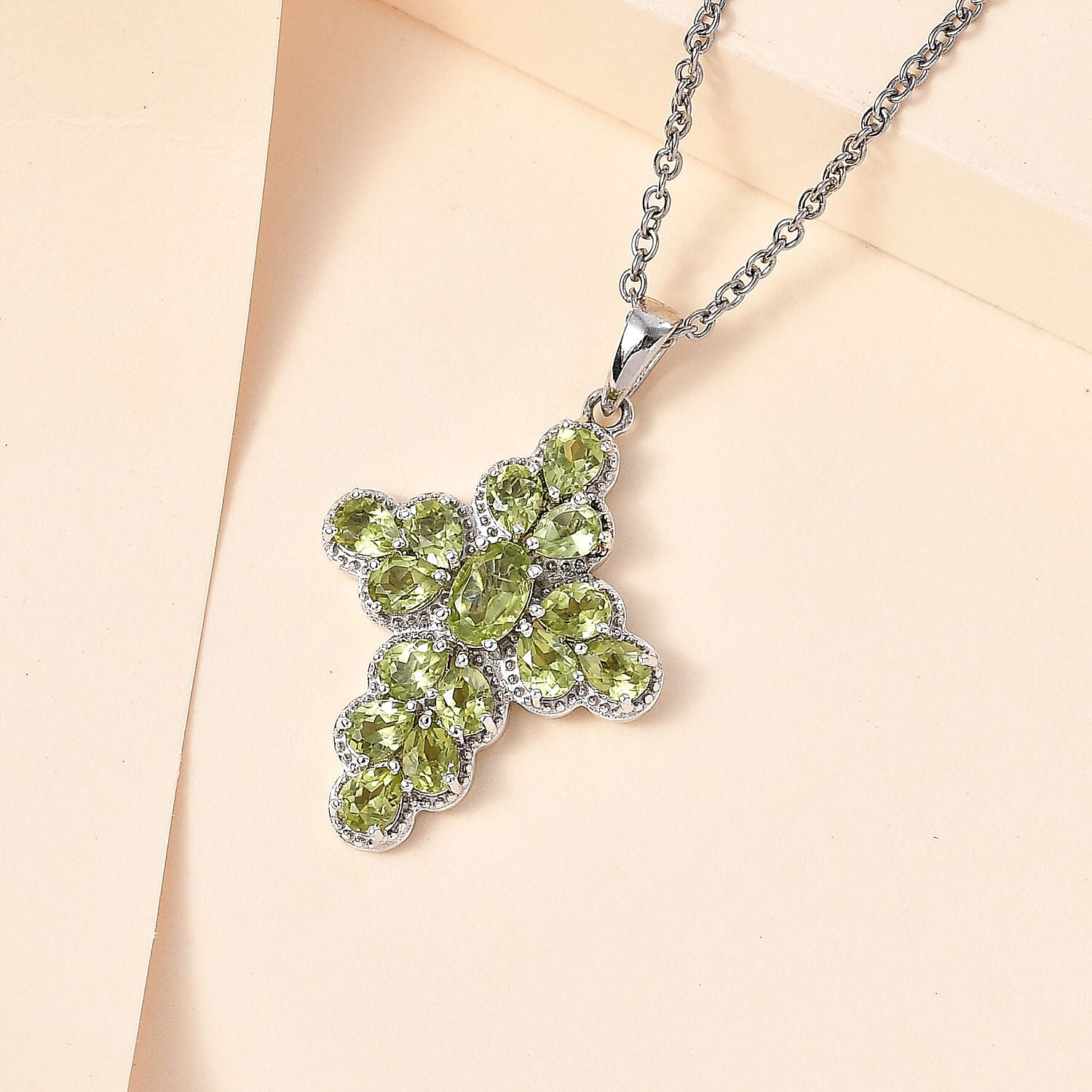 Hebei Peridot Platinum Overlay Sterling Silver Cluster Pendant with Stainless Steel Chain (Size 20) in 2.44 Ct