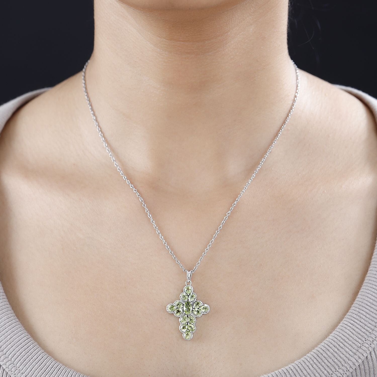 Hebei Peridot Platinum Overlay Sterling Silver Cluster Pendant with Stainless Steel Chain (Size 20) in 2.44 Ct