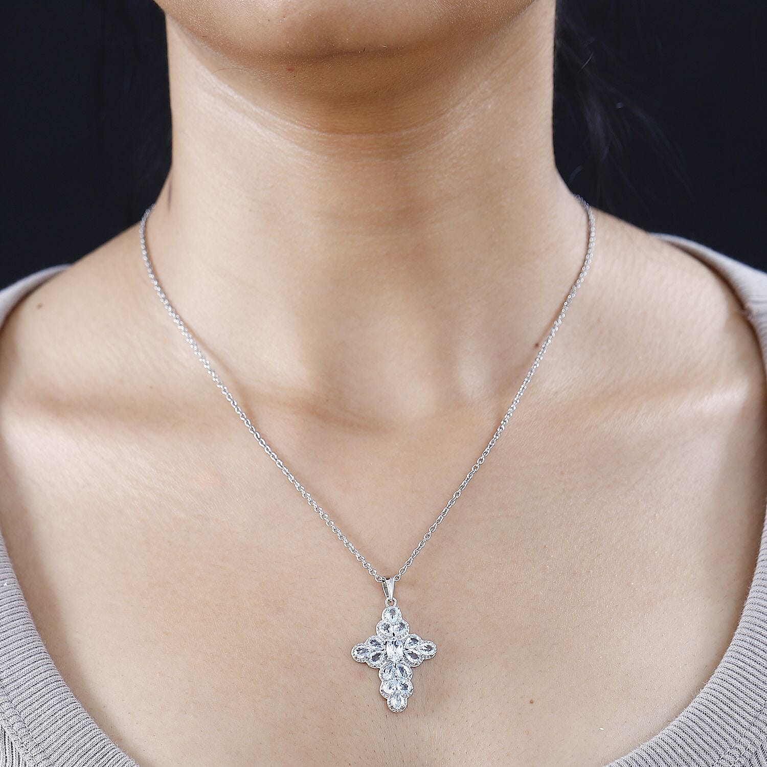 Skyblue Topaz Cross Pendant with Chain (Size 20) in Platinum Overlay Sterling Silver 3.01 Ct, Silver Wt. 5.93 Gms