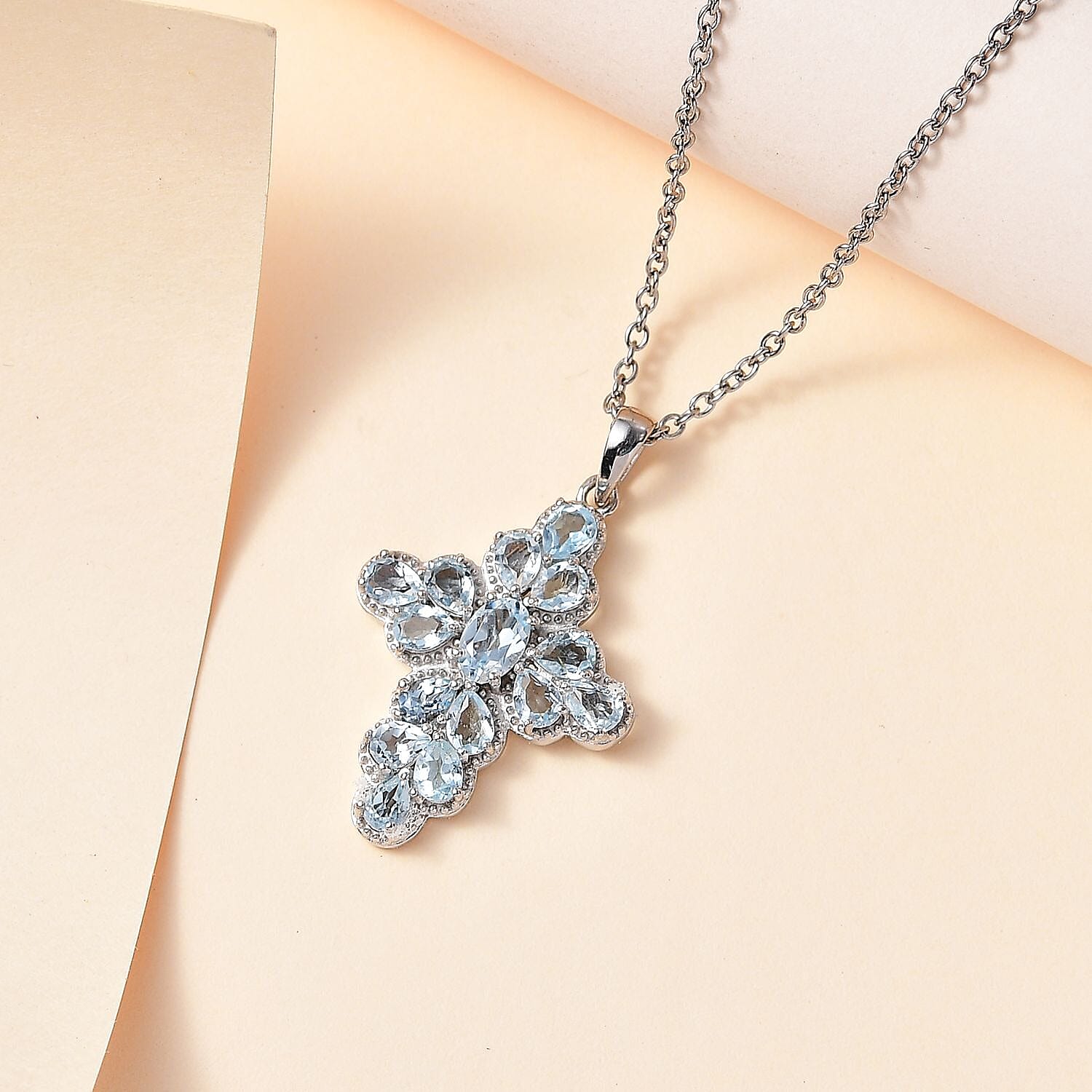Skyblue Topaz Cross Pendant with Chain (Size 20) in Platinum Overlay Sterling Silver 3.01 Ct, Silver Wt. 5.93 Gms