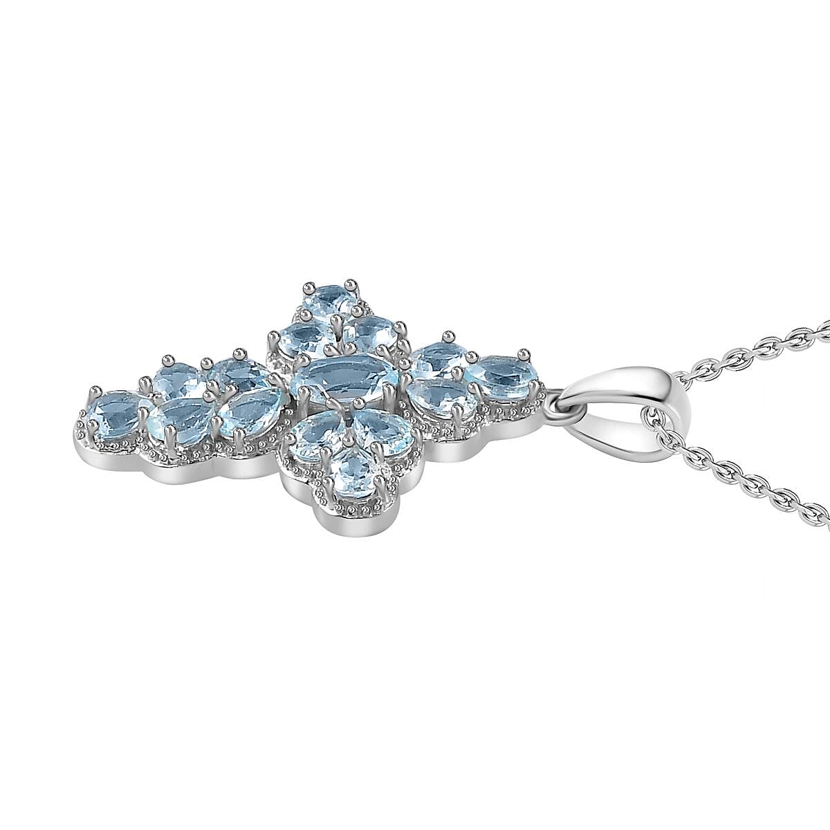 Skyblue Topaz Cross Pendant with Chain (Size 20) in Platinum Overlay Sterling Silver 3.01 Ct, Silver Wt. 5.93 Gms