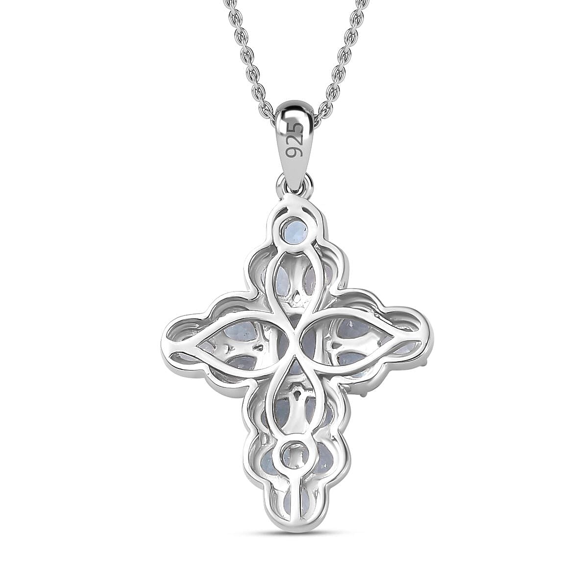 Skyblue Topaz Cross Pendant with Chain (Size 20) in Platinum Overlay Sterling Silver 3.01 Ct, Silver Wt. 5.93 Gms