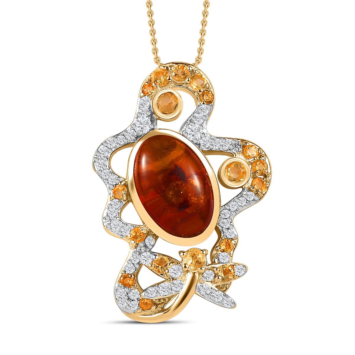 GP Italian Garden Collection - Amber, Citrine & Natural Zircon Pendant with Chain (Size 20) in 18K Vermeil Yellow Gold Plated Sterling Silver 2.82 Ct, Silver Wt. 7.87 Gms