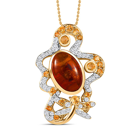 GP Collection - Amber, Citrine, White Zircon Pendant with Chain (Size 20) in 18K Vermeil Yellow Gold Plated Sterling Silver, Silver Wt. 7.87 Gms  2.820  Ct.