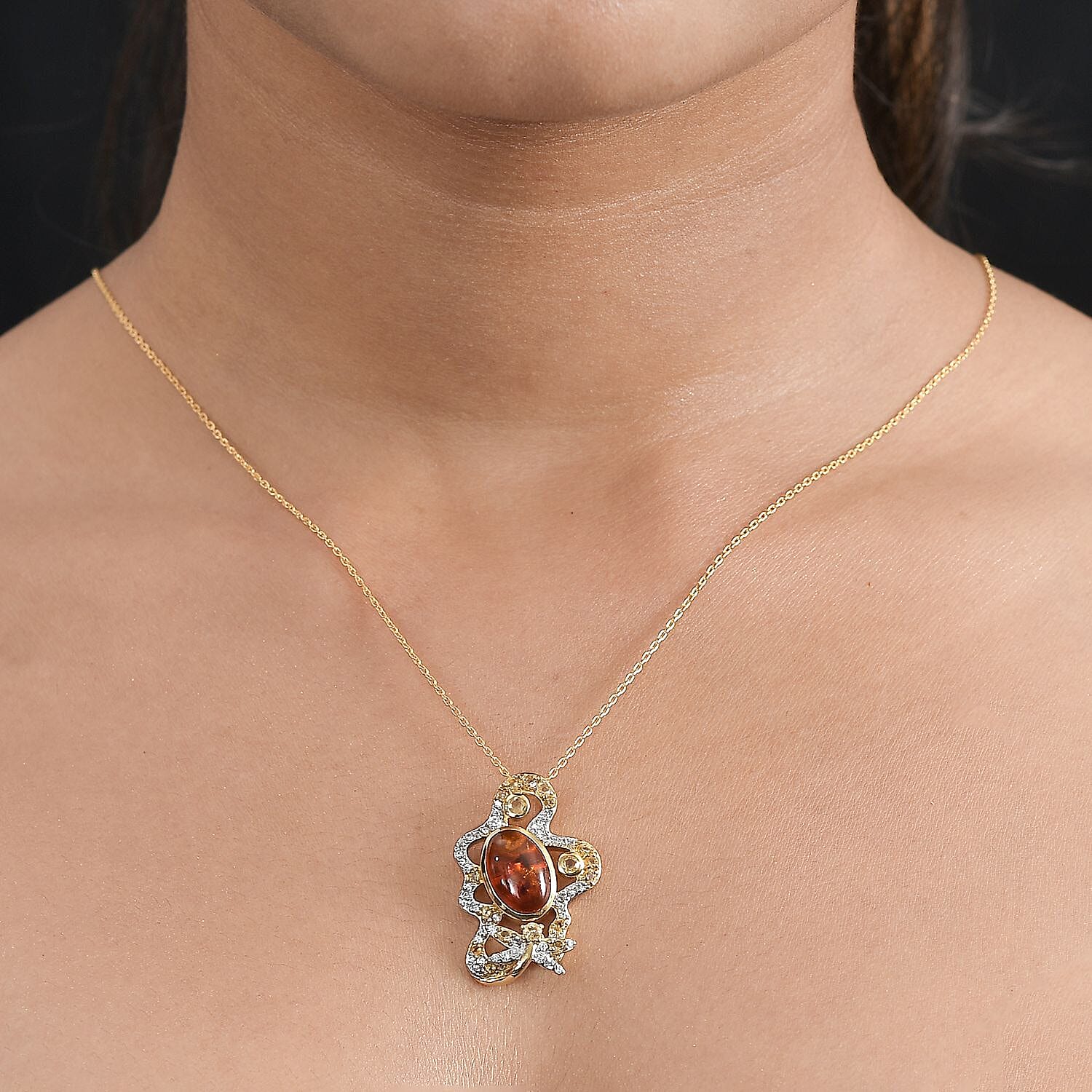 GP Italian Garden Collection - Amber, Citrine & Natural Zircon Pendant with Chain (Size 20) in 18K Vermeil Yellow Gold Plated Sterling Silver 2.82 Ct, Silver Wt. 7.87 Gms