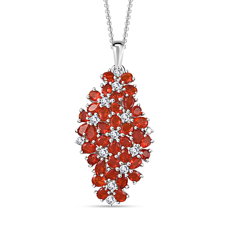 Salamanca Fire Opal and Natural Zircon Cluster Floral Pendant with Chain (Size 20) in Platinum Overlay Sterling Silver  5.73 Ct.