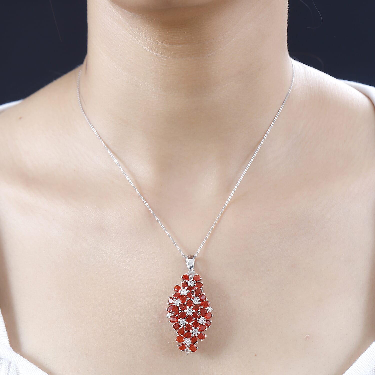 Salamanca Fire Opal & Natural Zircon Clsuter Floral Pendant with Chain (Size 20) in Platinum Overlay Sterling Silver  5.73 Ct.