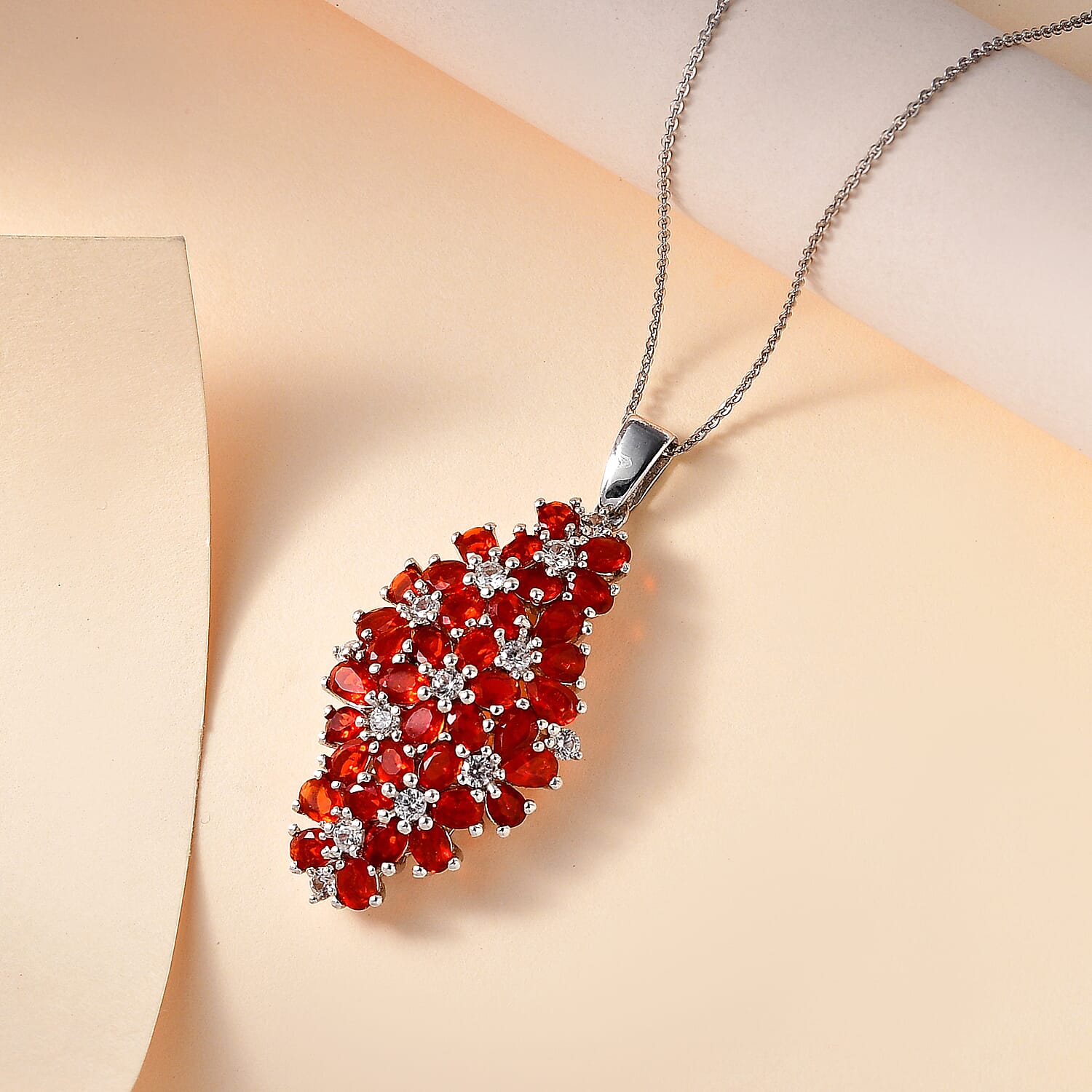 Salamanca Fire Opal & Natural Zircon Clsuter Floral Pendant with Chain (Size 20) in Platinum Overlay Sterling Silver  5.73 Ct.