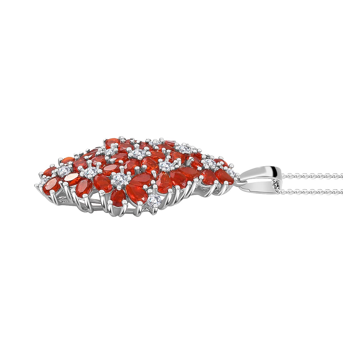 Salamanca Fire Opal & Natural Zircon Clsuter Floral Pendant with Chain (Size 20) in Platinum Overlay Sterling Silver  5.73 Ct.