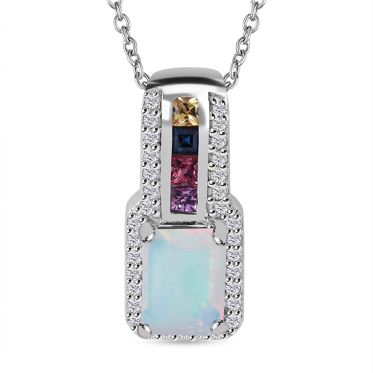 Ethiopian Welo Opal, Rainbow Sapphire and Natural Zircon Pendant with Chain (Size 20) in Rhodium Overlay Sterling Silver 1.44 Ct.