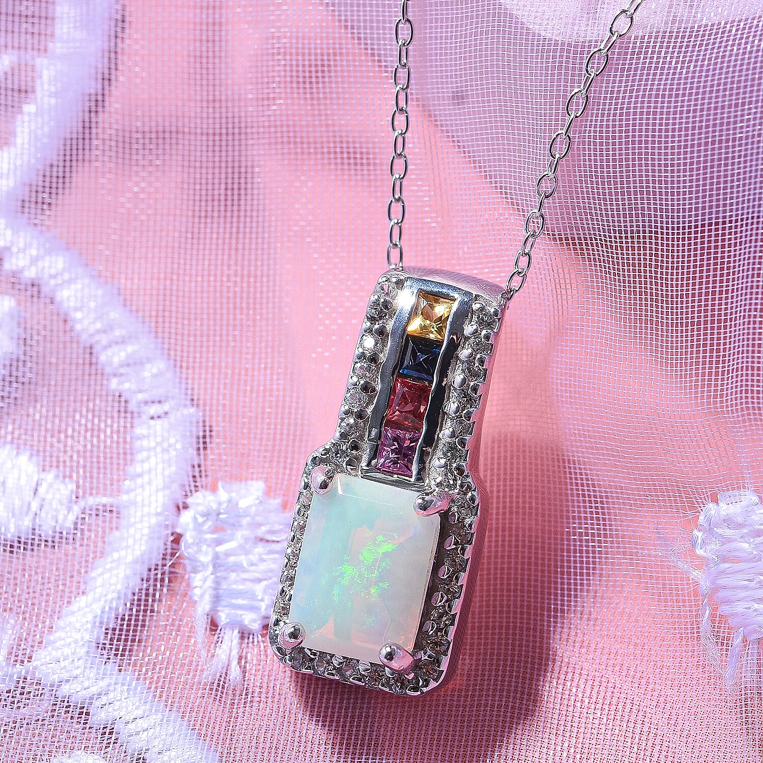 Ethiopian Welo Opal, Rainbow Sapphire and Natural Zircon Pendant with Chain (Size 20) in Rhodium Overlay Sterling Silver 1.44 Ct.
