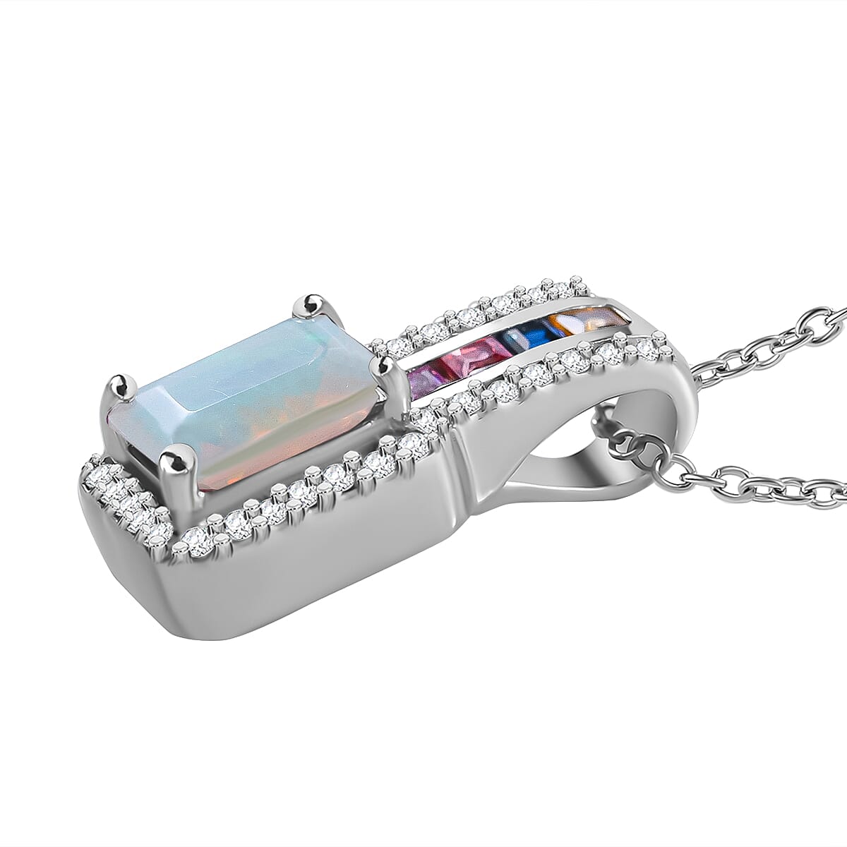 Ethiopian Welo Opal, Rainbow Sapphire and Natural Zircon Pendant with Chain (Size 20) in Rhodium Overlay Sterling Silver 1.44 Ct.