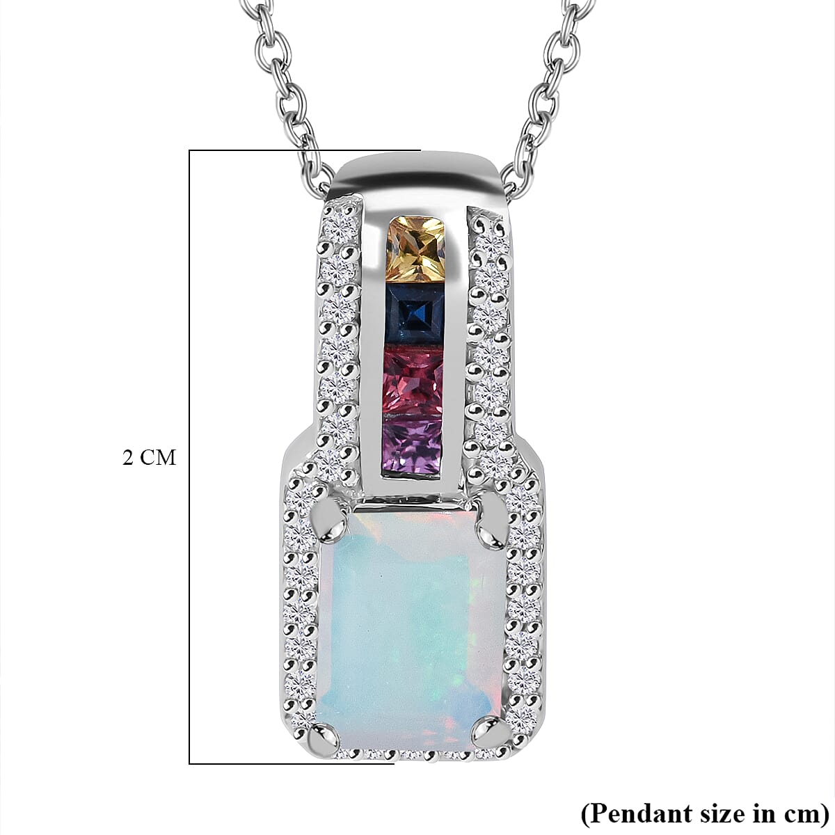Ethiopian Welo Opal, Rainbow Sapphire and Natural Zircon Pendant with Chain (Size 20) in Rhodium Overlay Sterling Silver 1.44 Ct.