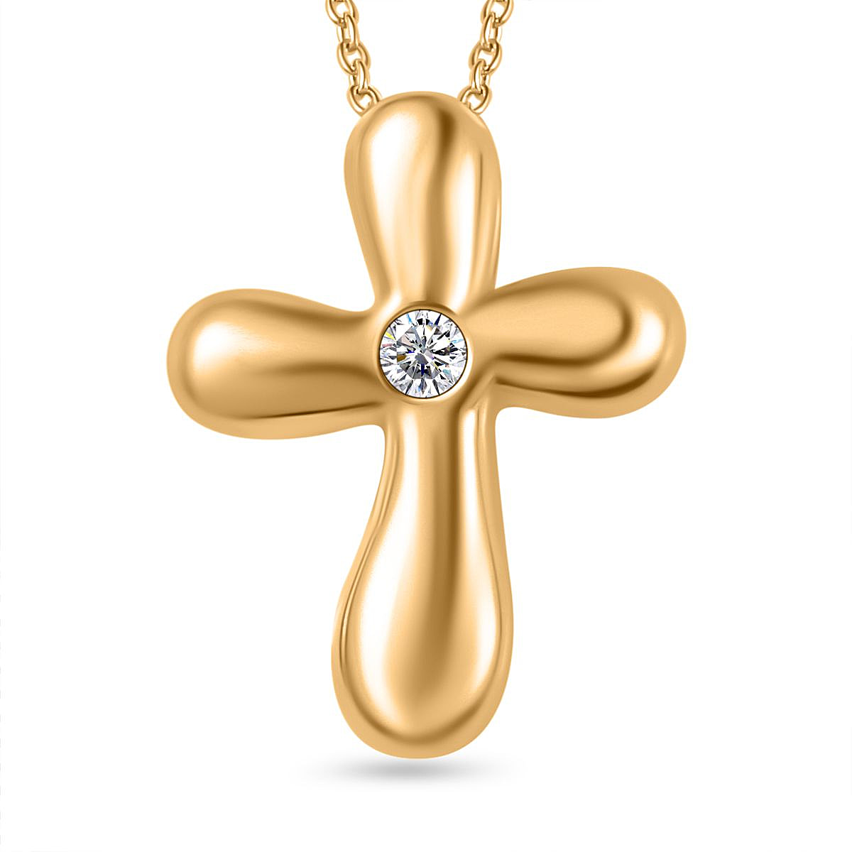 Moissanite Cross Pendant with Chain (Size 20) in 18K YG Vermeil Plated Sterling Silver