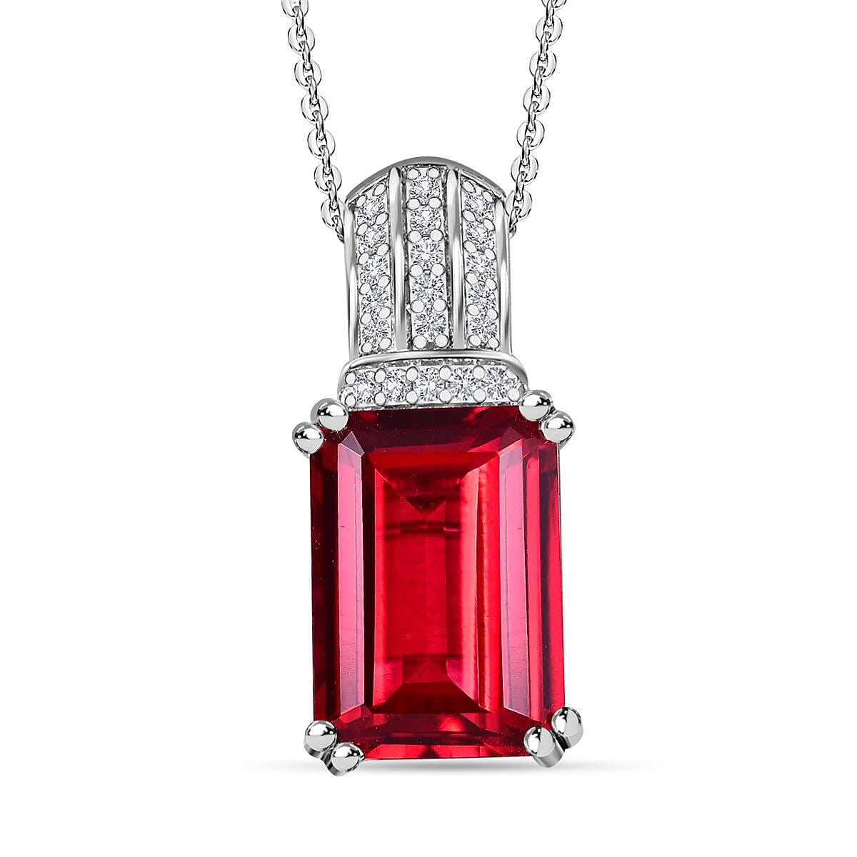 Lab Created Padparadscha Sapphire (11.65 Ct) & Natural Zircon Halo Pendant with Chain (Size 20) in Platinum Overlay Sterling Silver