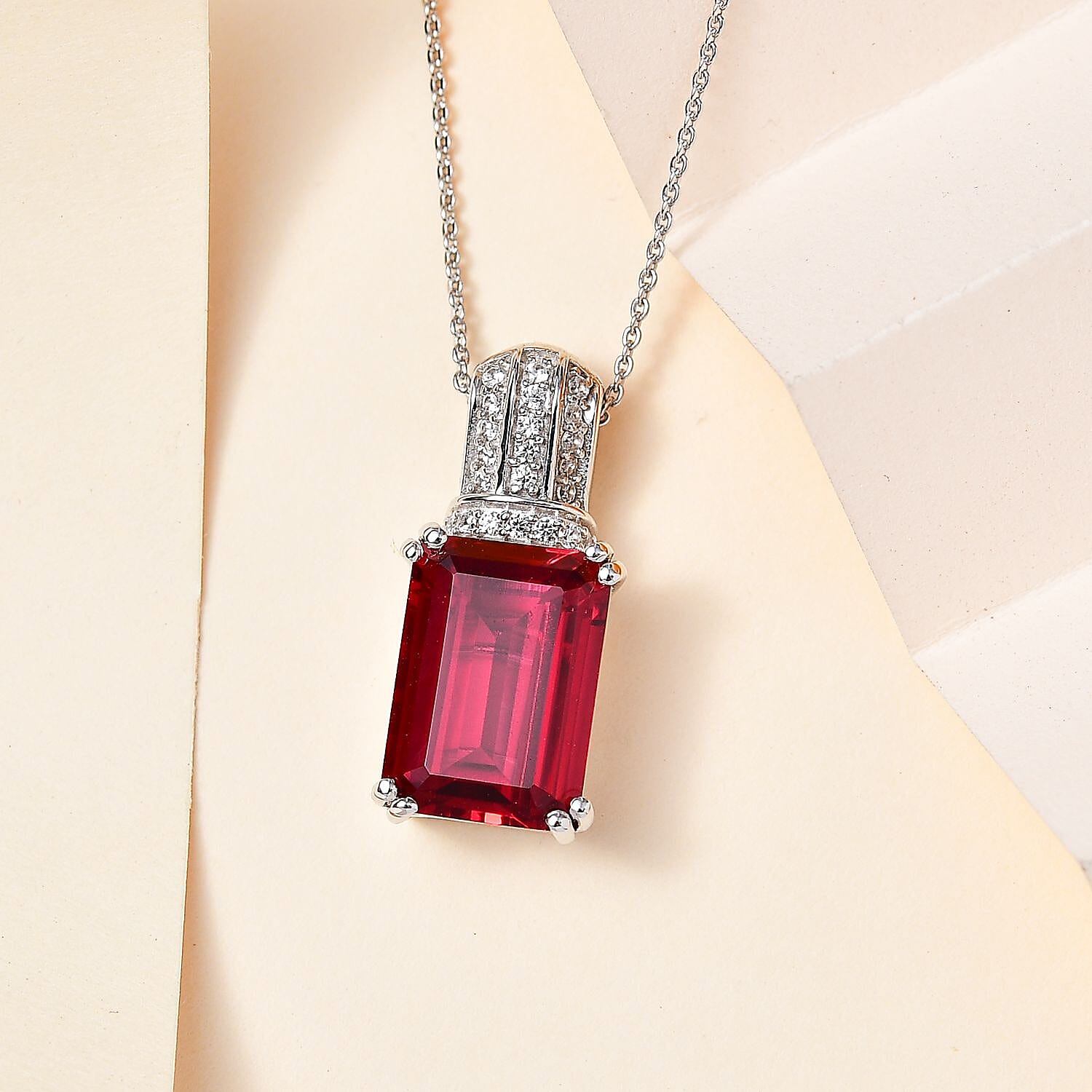 Lab Created Padparadscha Sapphire (11.65 Ct) & Natural Zircon Halo Pendant with Chain (Size 20) in Platinum Overlay Sterling Silver