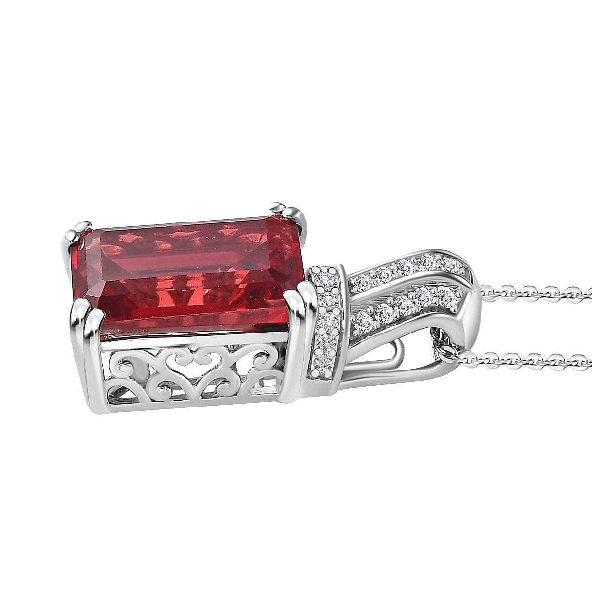 Lab Created Padparadscha Sapphire (11.65 Ct) & Natural Zircon Halo Pendant with Chain (Size 20) in Platinum Overlay Sterling Silver
