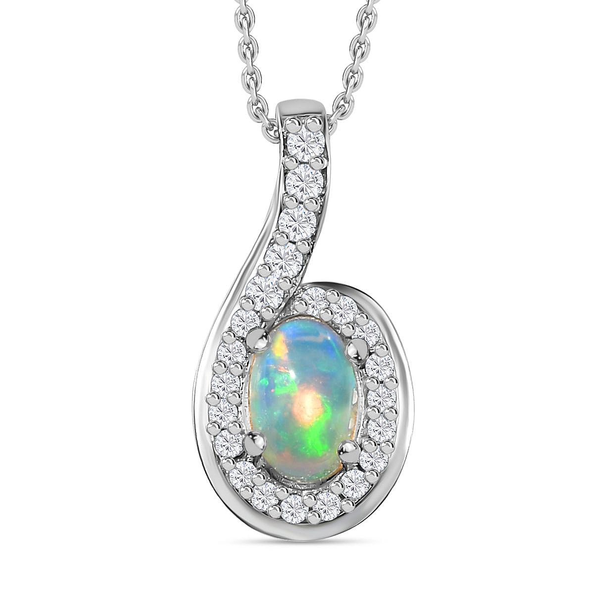 Ethiopian Welo Opal & Natural Zircon Dangle Pendant with Chain (Size 20) in Platinum Overlay Sterling Silver