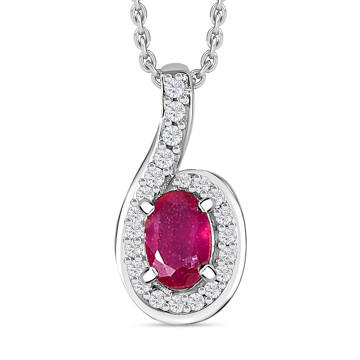 African Ruby & Natural Zircon Pendant with Chain (Size 20) in Platinum Overlay Sterling Silver