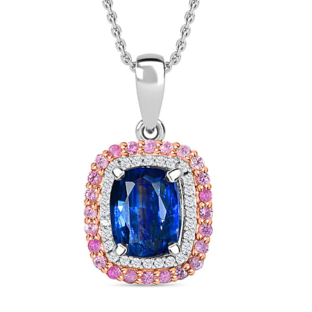 The Rare Find - Natural Kashmir Kyanite, Pink Sapphire and White Zircon Double Halo Pendant with Chain (Size 20) in Platinum Overlay Sterling Silver 0.76 ct  Silver Wt. 5.1 Gms  3.510  Ct.