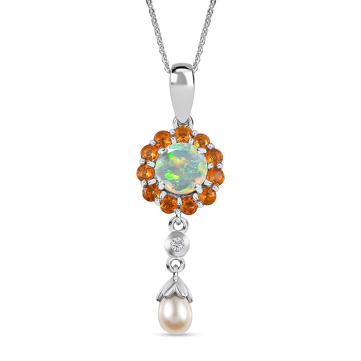 Ethiopian Welo Opal, Fire Opal, Natural Zircon & Fresh Water Pearl Pendant with Chain (Size 20) in Platinum Overlay Sterling Silver 1.22  Ct