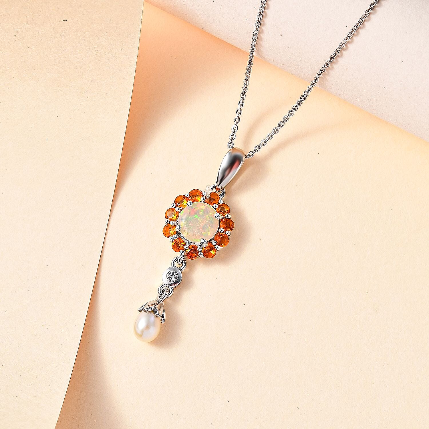 Ethiopian Welo Opal, Fire Opal, Natural Zircon & Fresh Water Pearl Pendant with Chain (Size 20) in Platinum Overlay Sterling Silver 1.22  Ct