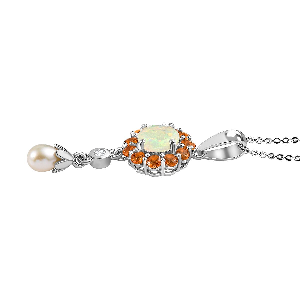 Ethiopian Welo Opal, Fire Opal, Natural Zircon & Fresh Water Pearl Pendant with Chain (Size 20) in Platinum Overlay Sterling Silver 1.22  Ct