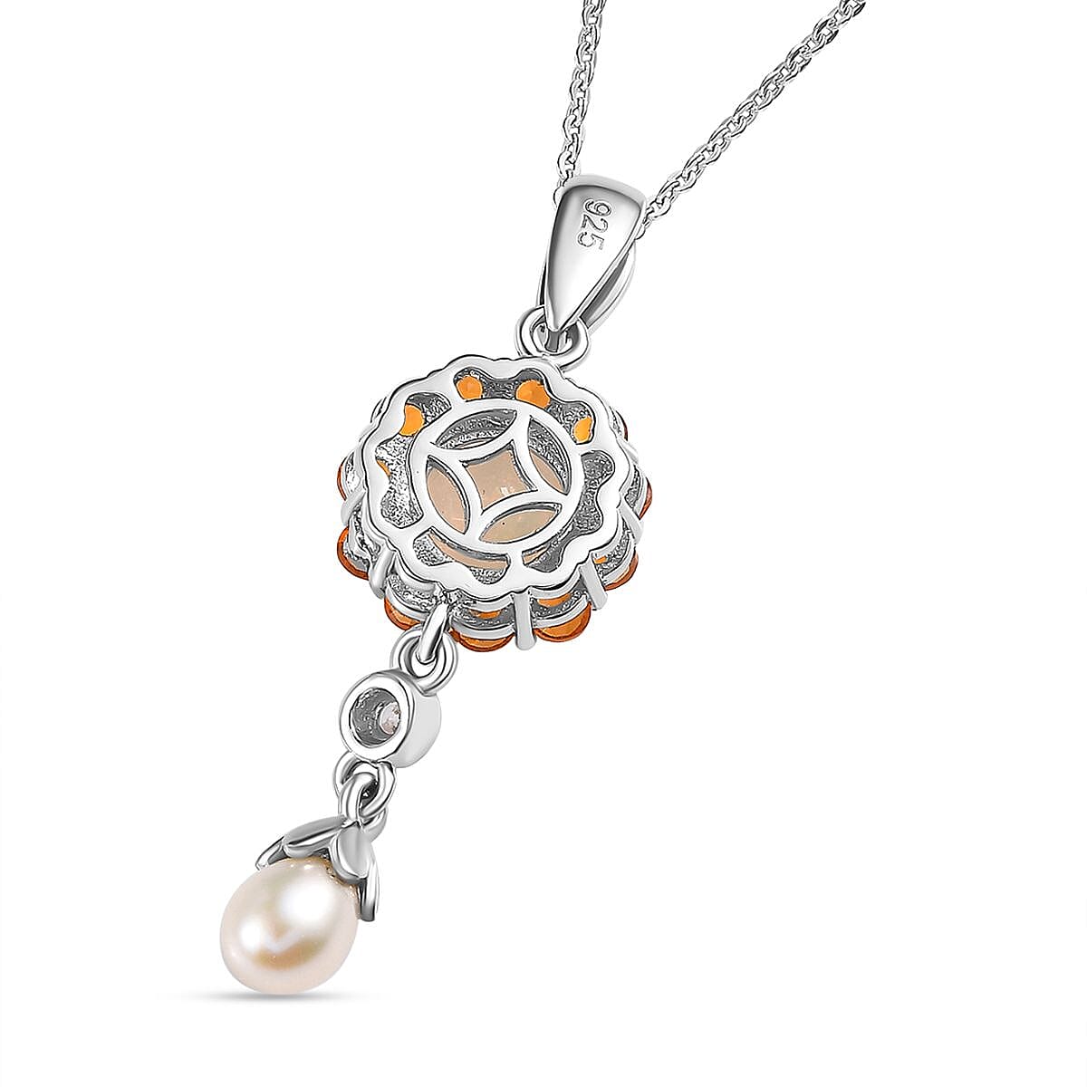 Ethiopian Welo Opal, Fire Opal, Natural Zircon & Fresh Water Pearl Pendant with Chain (Size 20) in Platinum Overlay Sterling Silver 1.22  Ct