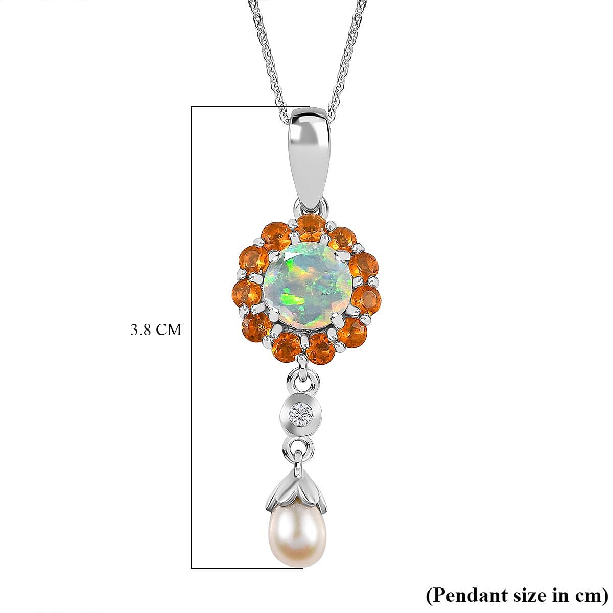Ethiopian Welo Opal, Fire Opal, Natural Zircon & Fresh Water Pearl Pendant with Chain (Size 20) in Platinum Overlay Sterling Silver 1.22  Ct
