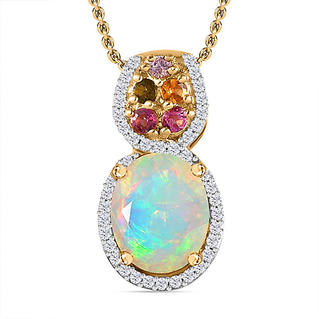 Ethiopian Welo Opal, Natural Zircon and Multi-Tourmaline Pendant with Chain (Size 20) in 18K Yellow Gold Vermeil Plated Sterling Silver 2.27 Ct, Silver Wt. 5.4 Gms