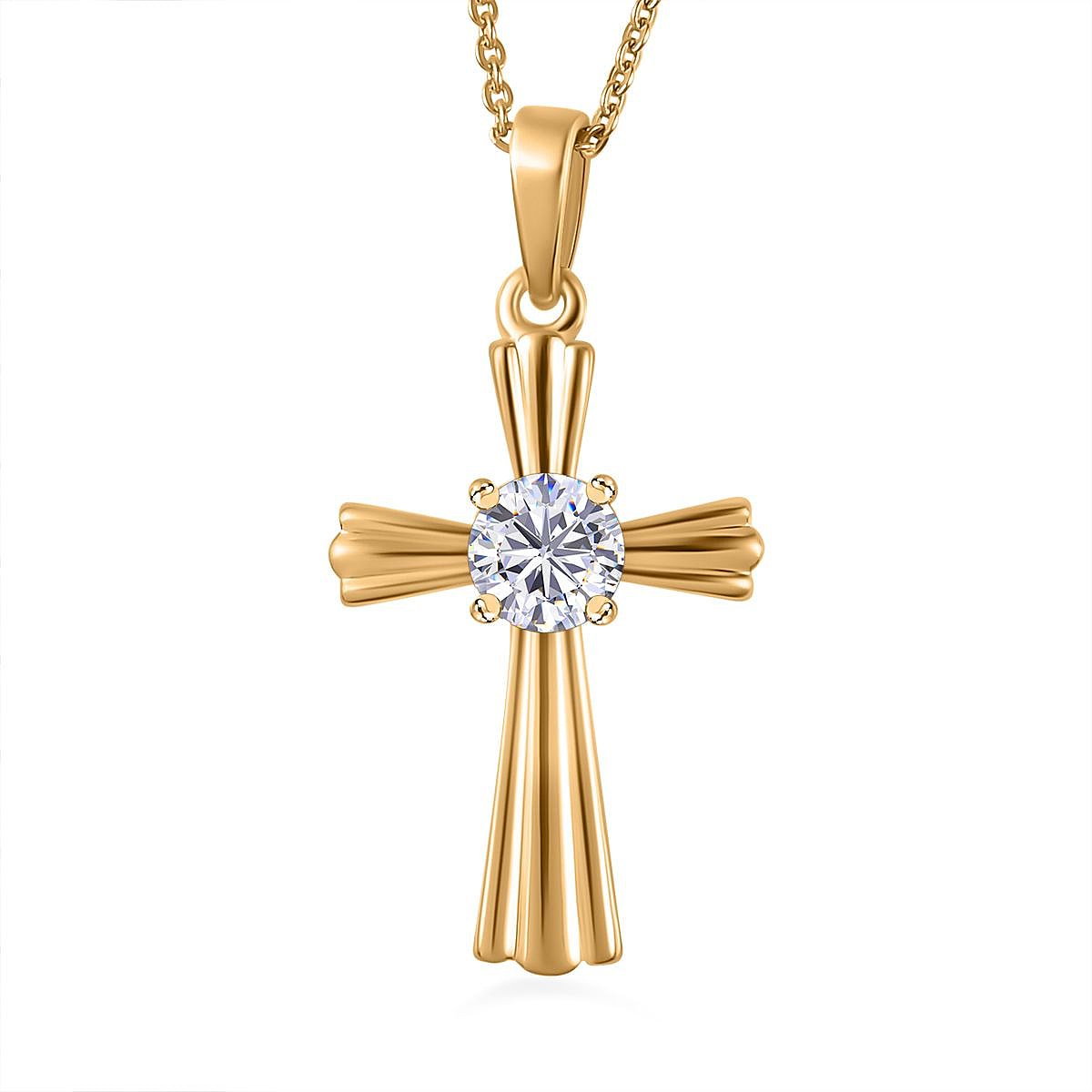Moissanite Cross Pendant with Chain (Size 20) in 18K YG Vermeil Plated Sterling Silver
