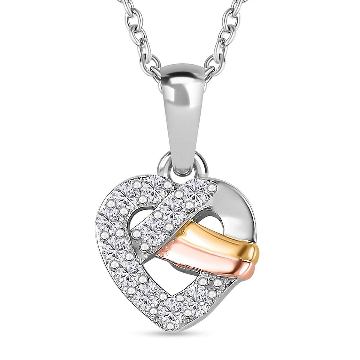 GP - Moissanite Heart Pendant with Chain (Size 20) in 18K Vermeil YG, RG & Rhodium Plated Sterling Silver