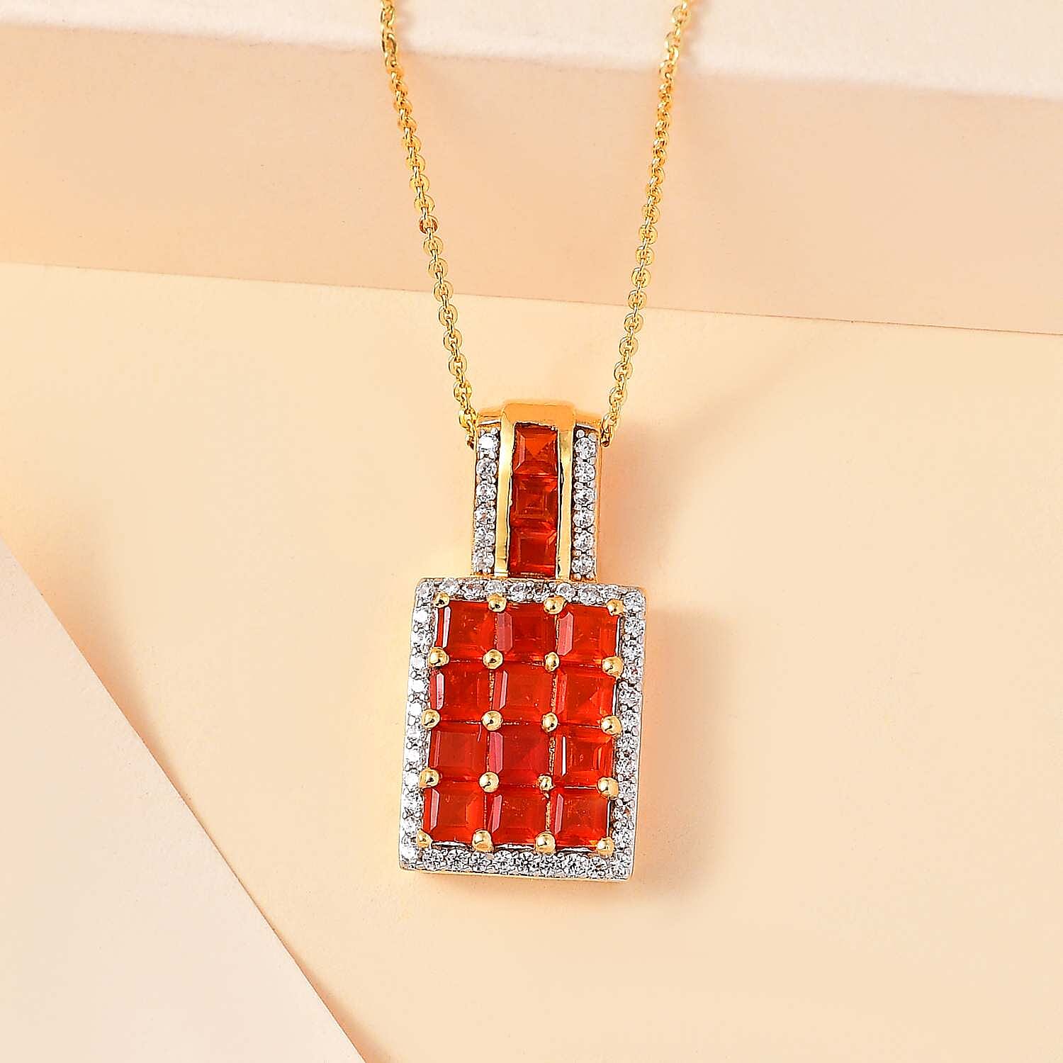 Salamanca Fire Opal & Zircon Pendant with Chain (Size 20) in 18K Vermeil Yellow Gold Plated Sterling Silver 2.35 Ct.