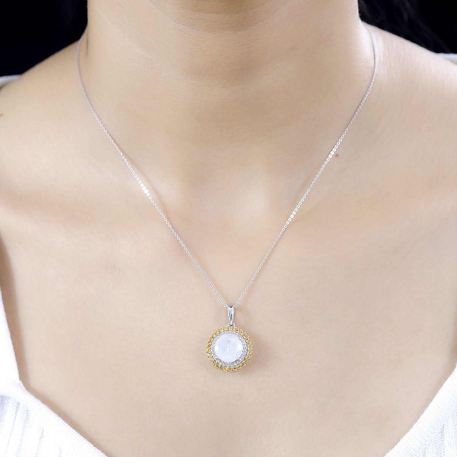 Moon Glow Moonstone, Fire Opal & White Zircon Pendant with Chain (Size 20) in Rhodium Overlay Sterling Silver 4.010  Ct.