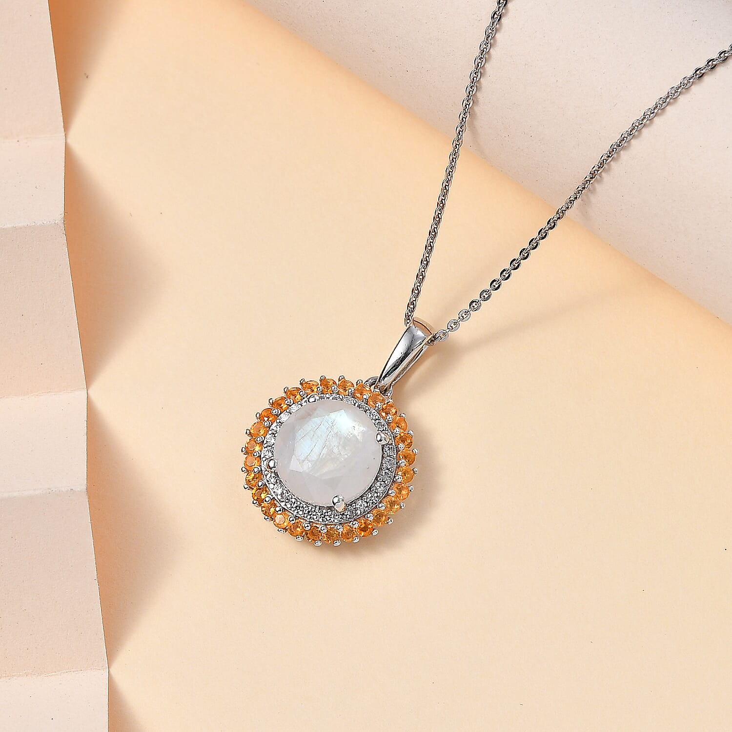 Moon Glow Moonstone, Fire Opal & White Zircon Pendant with Chain (Size 20) in Rhodium Overlay Sterling Silver 4.010  Ct.