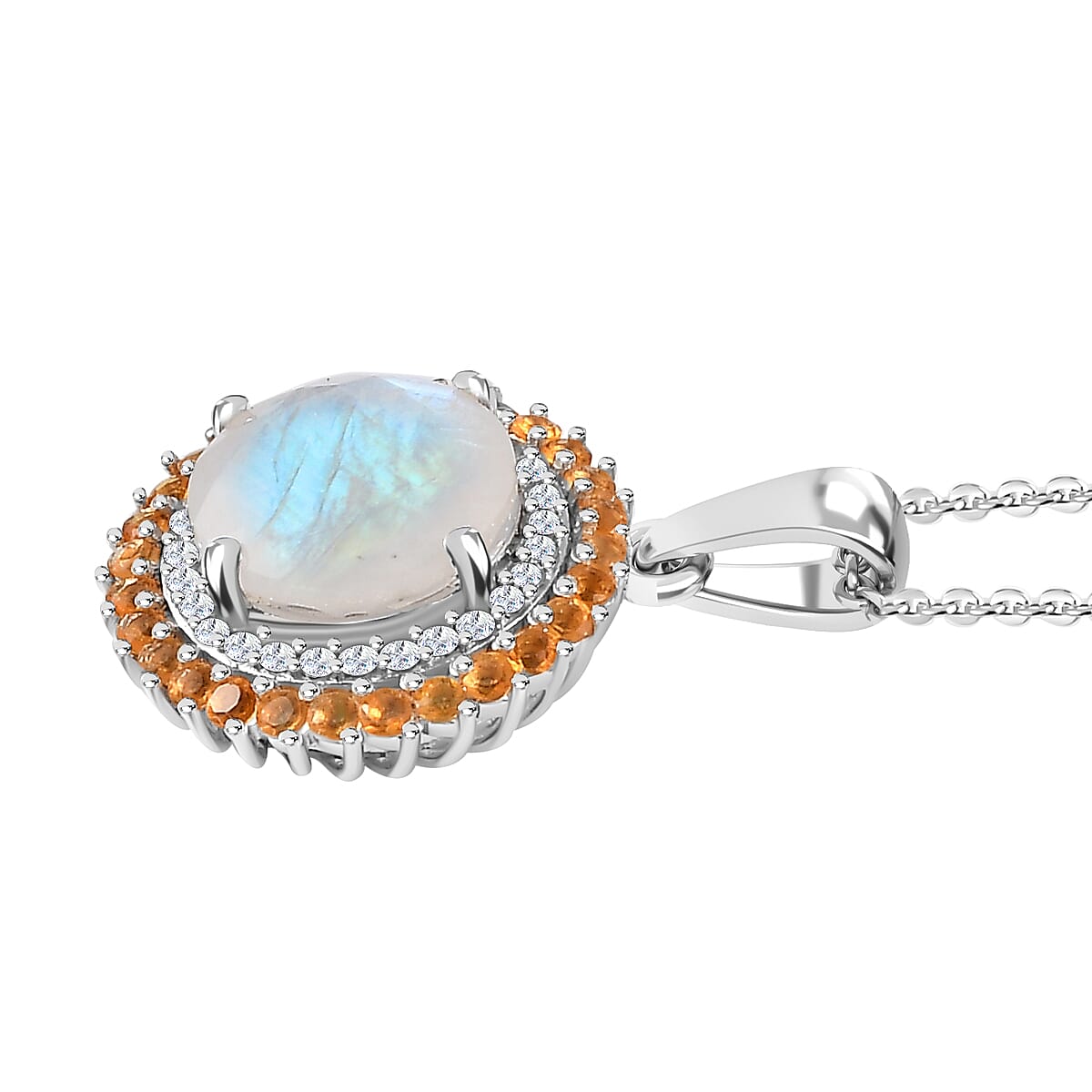 Moon Glow Moonstone, Fire Opal & White Zircon Pendant with Chain (Size 20) in Rhodium Overlay Sterling Silver 4.010  Ct.