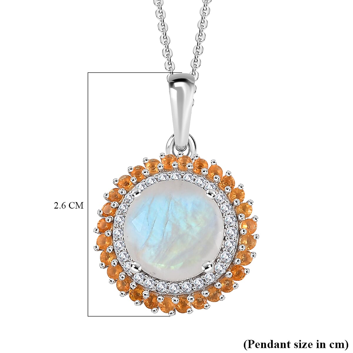 Moon Glow Moonstone, Fire Opal & White Zircon Pendant with Chain (Size 20) in Rhodium Overlay Sterling Silver 4.010  Ct.