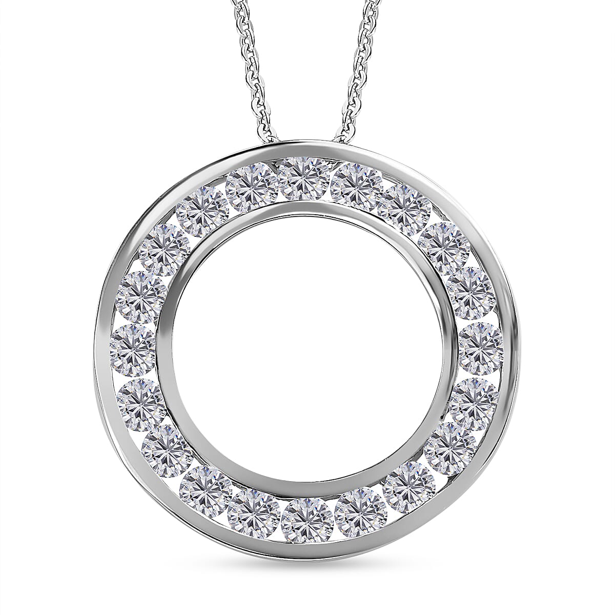 Moissanite Circle Pendant with Chain (Size 20) in Rhodium Overlay Sterling Silver 1.20 Ct.