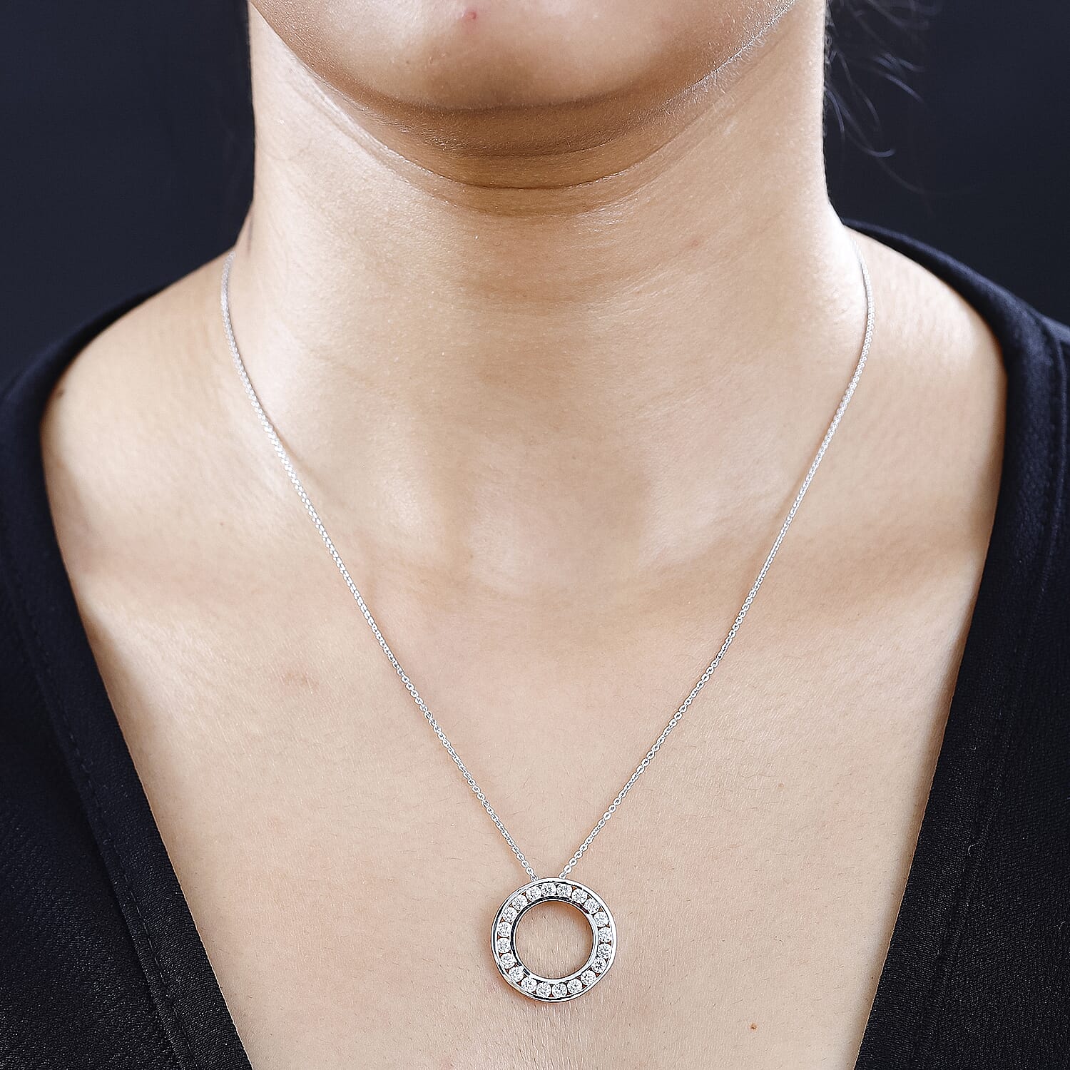 Moissanite Circle Pendant with Chain (Size 20) in Rhodium Overlay Sterling Silver 1.20 Ct.