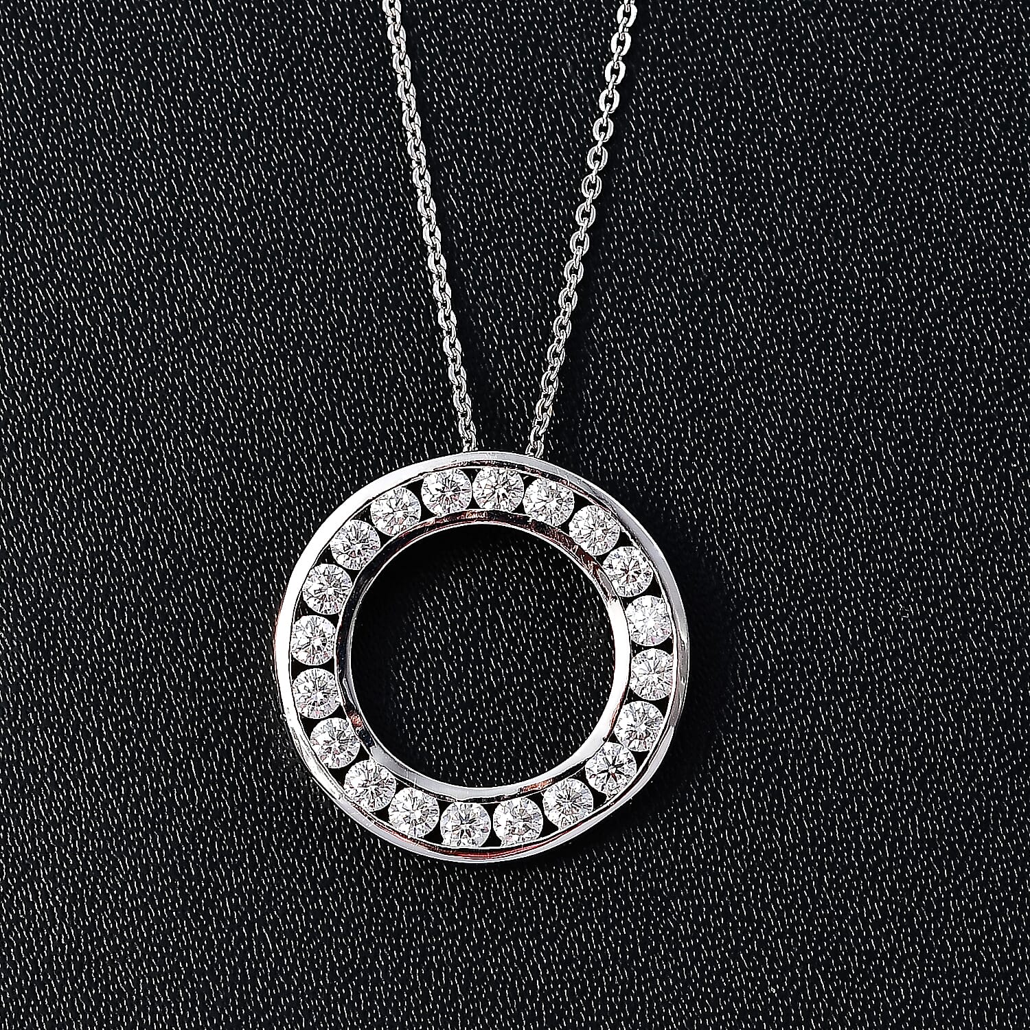 Moissanite Circle Pendant with Chain (Size 20) in Rhodium Overlay Sterling Silver 1.20 Ct.