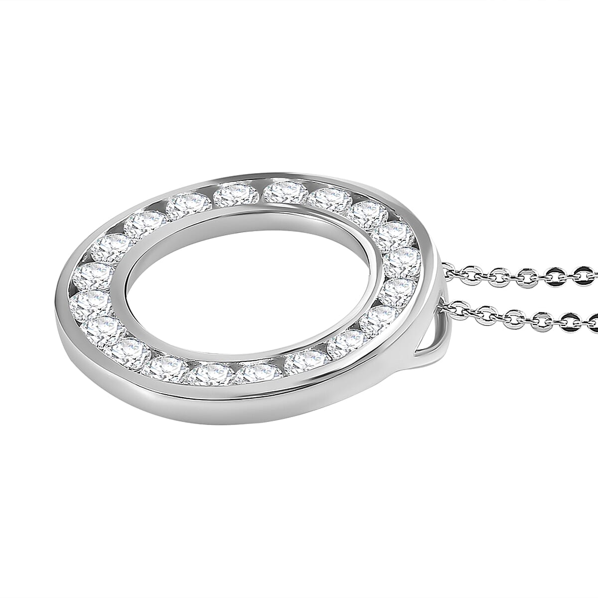 Moissanite Circle Pendant with Chain (Size 20) in Rhodium Overlay Sterling Silver 1.20 Ct.